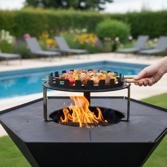 Barbecook Skewer Holder in use, lifestyle shot