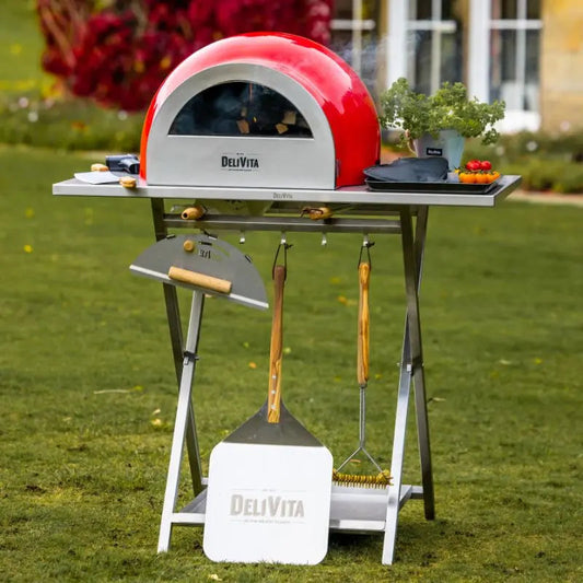 DeliVita Fold Away Oven Stand with red pizza oven