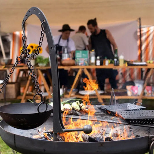 Firepits UK Hanging Arm with Hook, in use 1