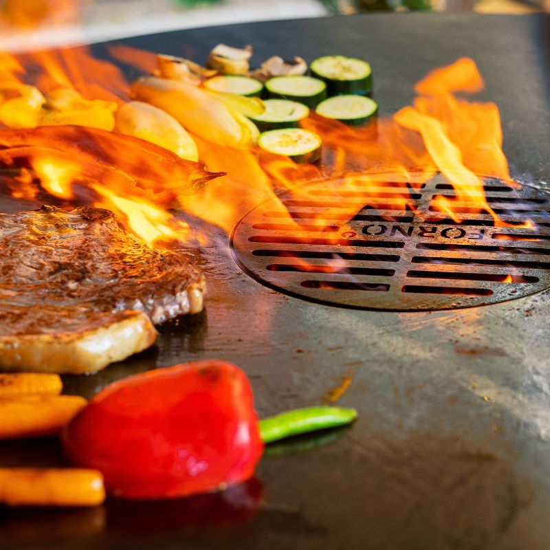 Adezz Forno Seare Halo Piezo Plancha Grill with food, view 3