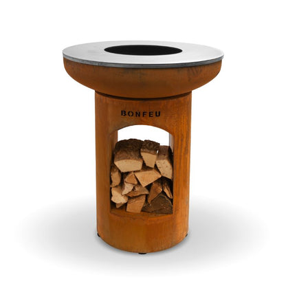 BonFeu BonBiza Open plancha fire pit in rust finish, with wood