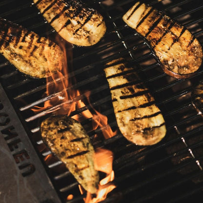 Close-up of grilled vegetables on BonFeu Grill Half Circle