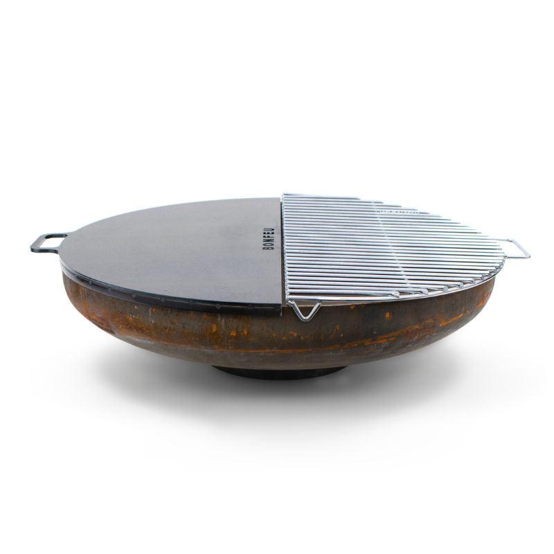 BonFeu Grill and Plancha Half Circles combined on a BonBowl fire pit