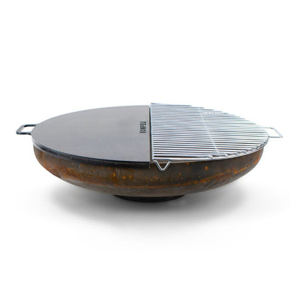 BonFeu Grill and Plancha Half Circles combined on a BonBowl fire pit