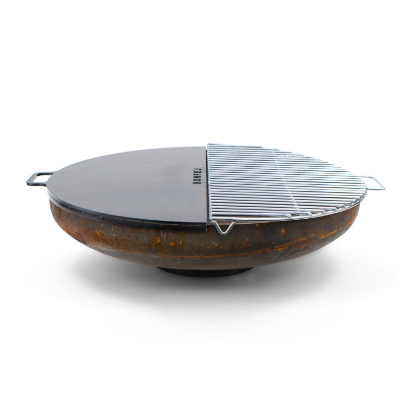 BonFeu Plancha and Grill Half Circles on a BonBowl fire pit