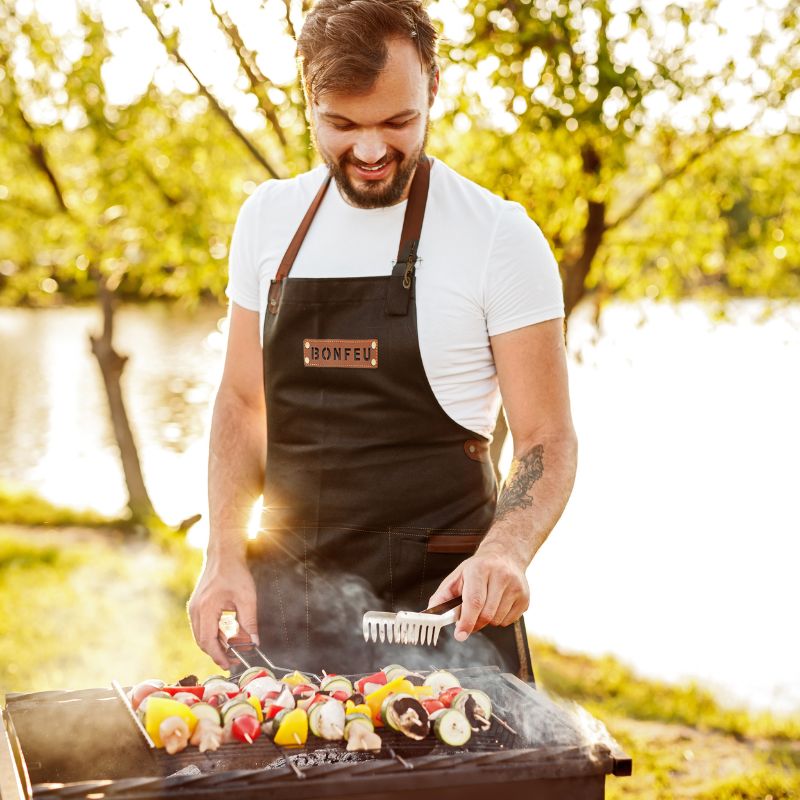 BonFeu Leather Apron in use while cooking