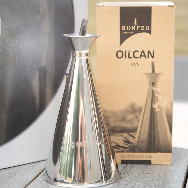 BonFeu Oil Can in front of its packaging box