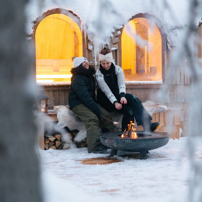 BonFeu Bowl fire pit with plancha attachment in snow