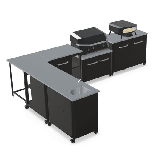 Cozze L-shaped outdoor kitchen with Rotate Black Edition pizza oven