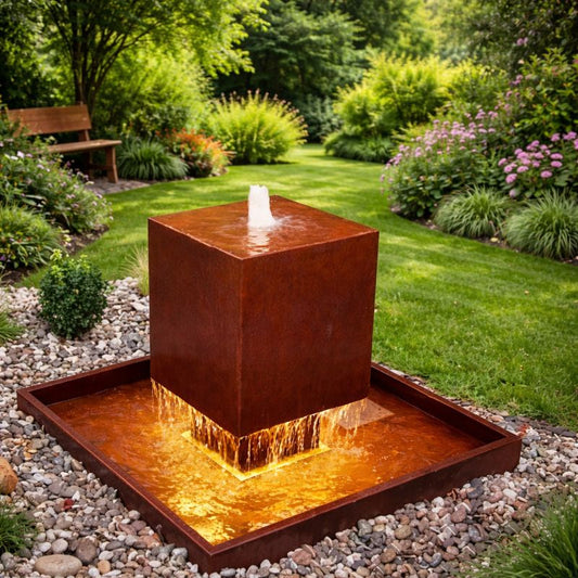 Corten Steel Floating Cube Water Feature | Made in Britain