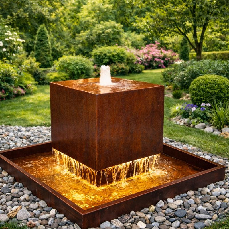 Corten Steel Floating Cube Water Feature | Made in Britain