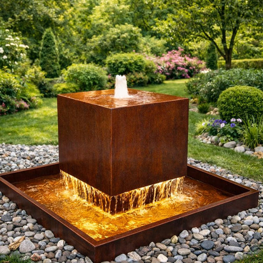 Corten Steel Floating Cube Water Feature | Made in Britain
