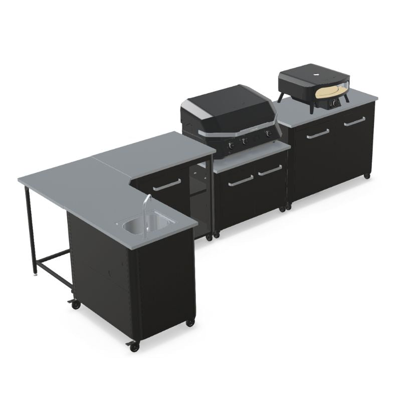 Cozze L-shaped outdoor kitchen with Rotate Black Edition pizza oven