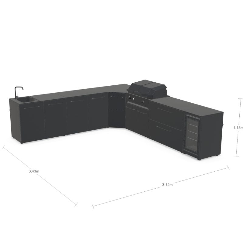 Cozze Elements L-shaped outdoor kitchen with grill, storage, fridge and sink, view 5