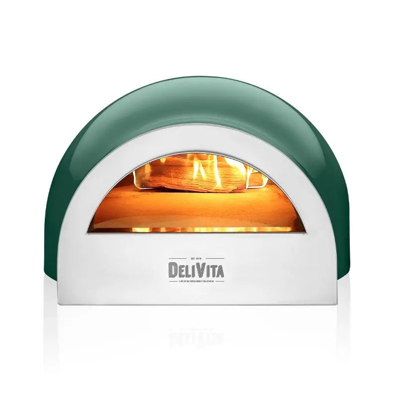 DeliVita Emerald Fire wood fired pizza oven, front view with flame