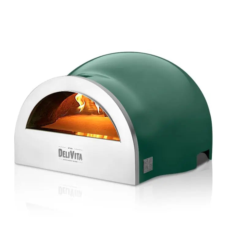 DeliVita Emerald Fire wood fired pizza oven, front side view with flame