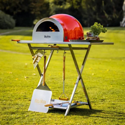 DeliVita Fold Away Oven Stand with red oven, alternate view