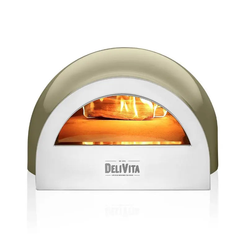 DeliVita Olive Green wood fired pizza oven, front view with flame