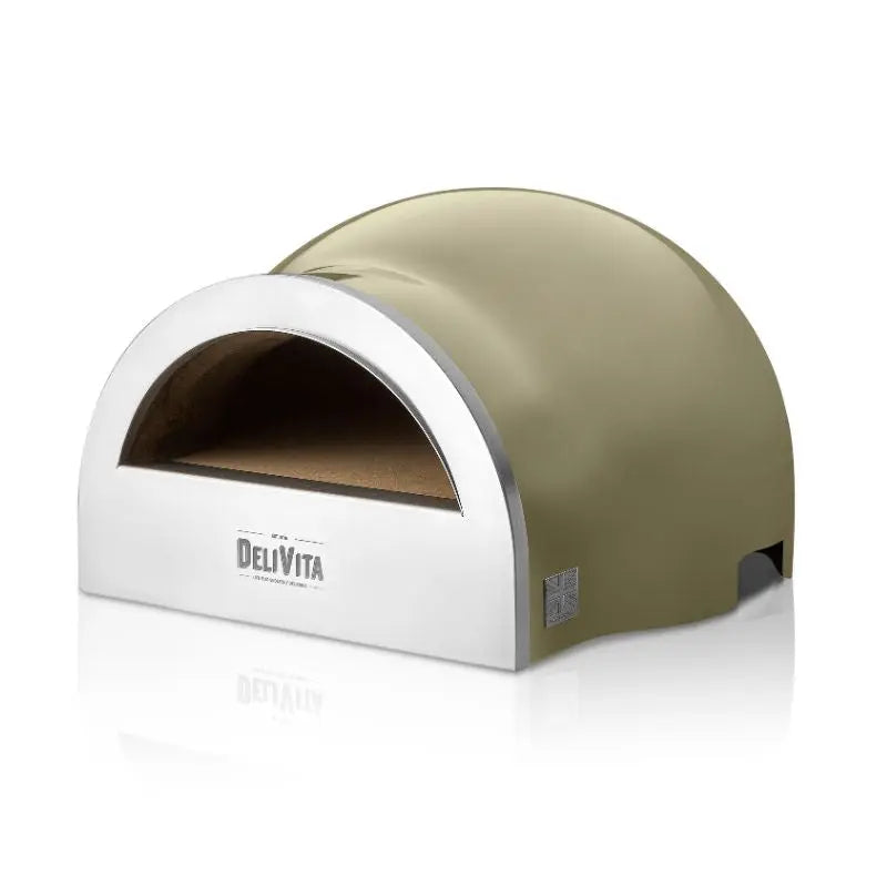 DeliVita Olive Green wood fired pizza oven, front side view
