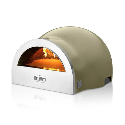 DeliVita Olive Green wood fired pizza oven, front side view with flame