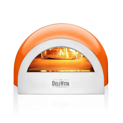 DeliVita Orange Blaze wood fired pizza oven, front view with flame