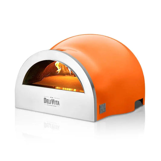 DeliVita Orange Blaze wood fired pizza oven, front side view with flame