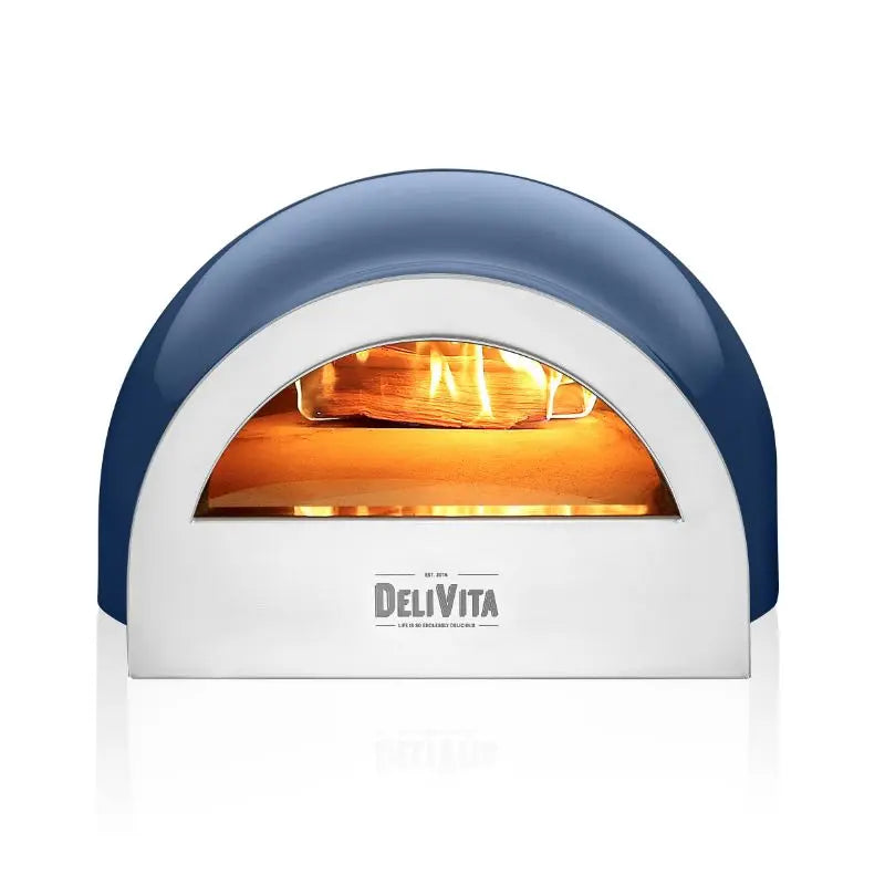 DeliVita Platinum Jubilee wood fired pizza oven, front view with fire