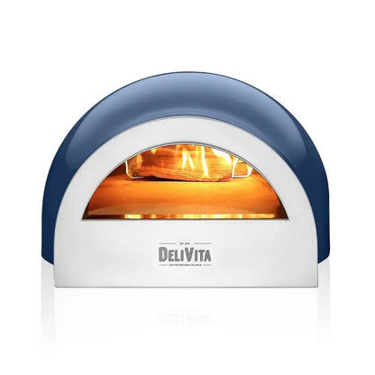 DeliVita Platinum Jubilee wood fired pizza oven, front view with fire