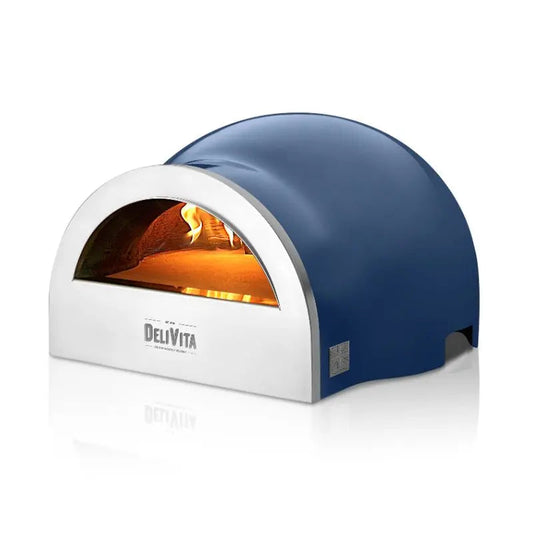 DeliVita Platinum Jubilee wood fired pizza oven, front side view with fire