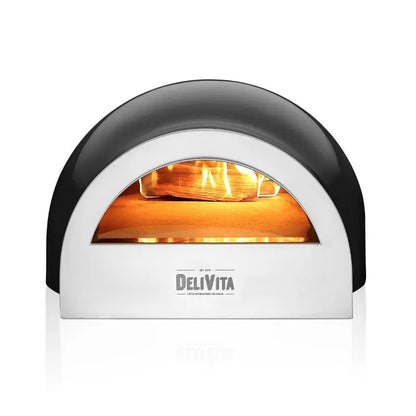 DeliVita Very Black wood fired pizza oven, front view with flame