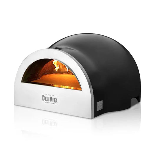 DeliVita Very Black wood fired pizza oven, front side view with flame