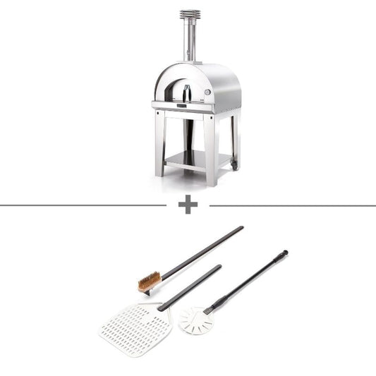 Fontana Margherita wood fired pizza oven with trolley starter bundle in stainless steel