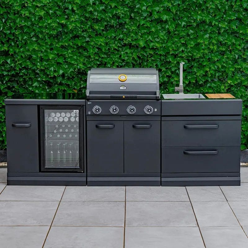 GRLLR Outdoor Kitchen G4S BBQ, sink and fridge, in garden setting
