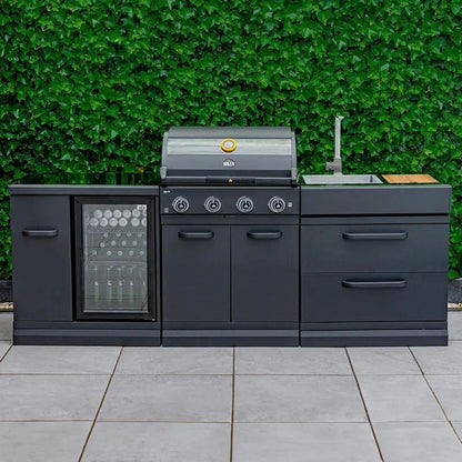 GRLLR Outdoor Kitchen G4S BBQ, sink and fridge, in garden setting