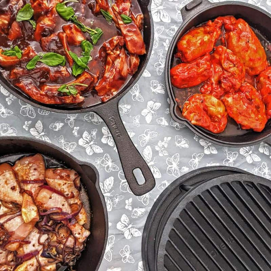 Igneus 3 Part Cast Iron Pan Set in use, lifestyle shot 1