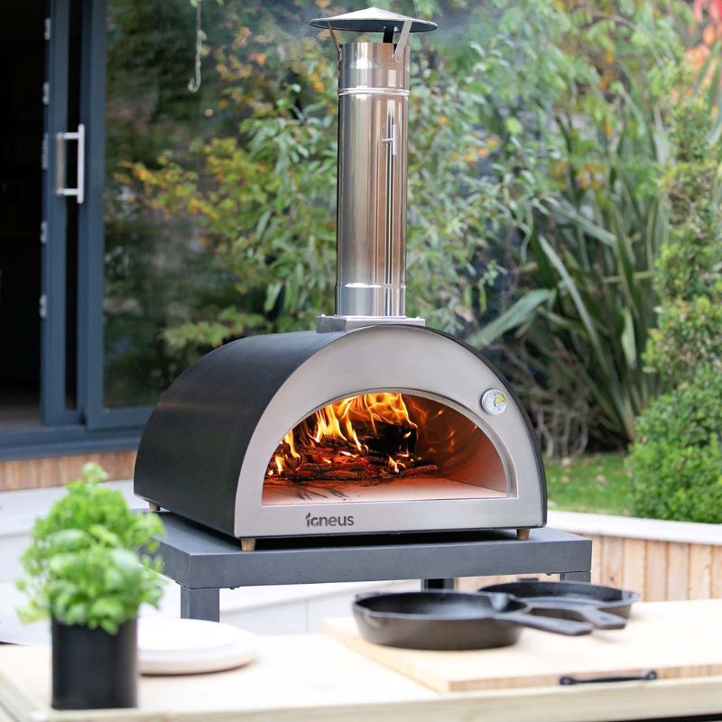 Igneus Classico wood fired pizza oven lit and glowing