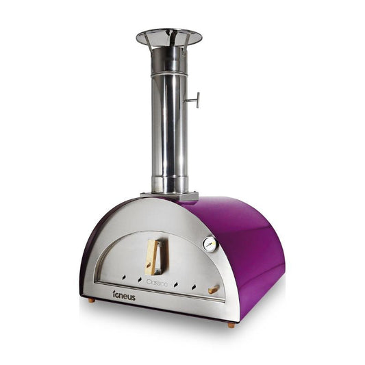 Igneus Classico wood fired pizza oven in aubergine, outdoor garden setting