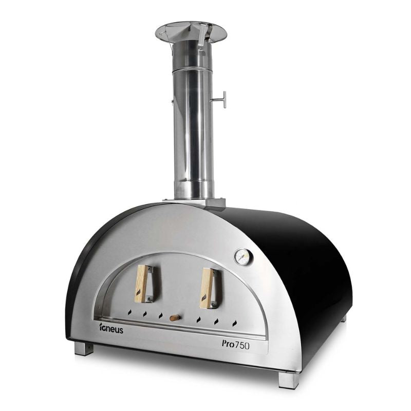 Igneus Pro 750 wood fired pizza oven in matt black on white background
