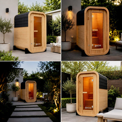 KOVE Compact Cube Sauna 1-2 Person Outdoor Sauna – Premium Spruce Wood, 4.5kW Harvia Heater, Modern Cube Design