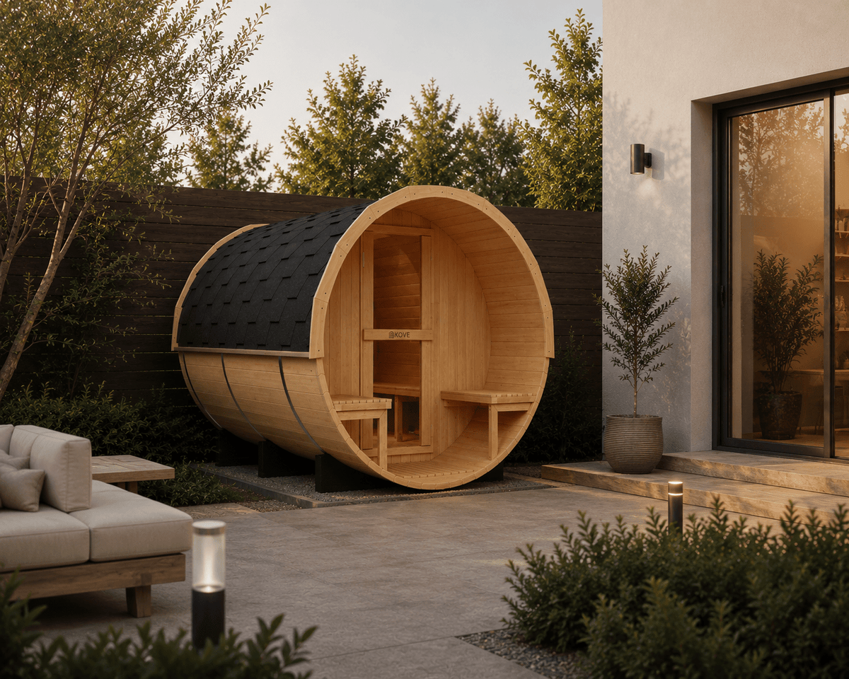 KOVE Barrel Sauna, 4 to 6 Person, 6kW Harvia Heater