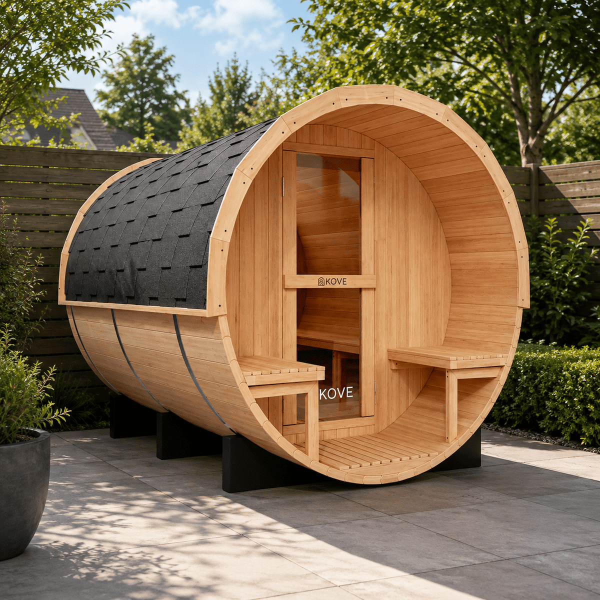 KOVE Barrel Sauna, 4 to 6 Person, 6kW Harvia Heater